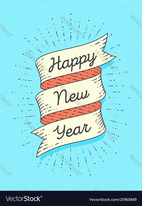 Happy new year ribbon banner in engraving style Vector Image