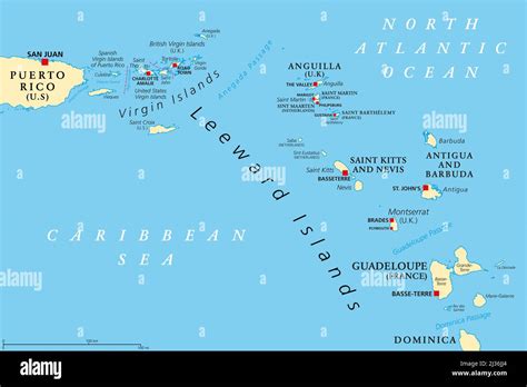 Leeward Islands, political map. Part of the Lesser Antilles, north of Windward Islands in the ...