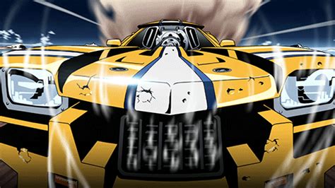 an animated image of a yellow and black car in front of a person's hand