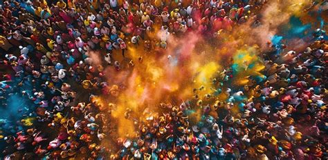 Premium Photo | Aerial view of a crowd of people celebrating the color festival The concept of ...