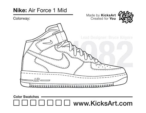 Nike Air Force 1 Mid Sneaker Coloring Pages - Created by KicksArt