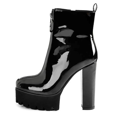 Round Toe Black Patent Leather Platform Chunky High Heel Ankle Boots ...