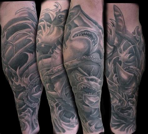 shark leg sleeve by Mathew Hays: TattooNOW