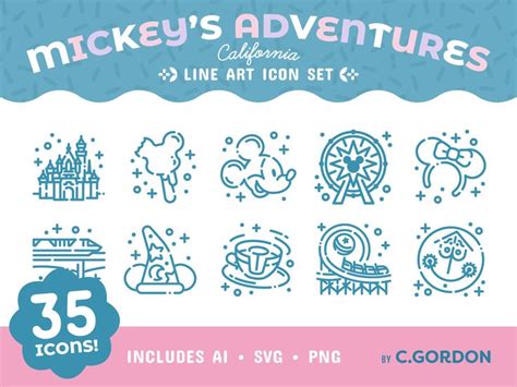 Mickey's Adventures Line Art Icon Set • Disneyland California Icons | Art icon, Icon set, Line art