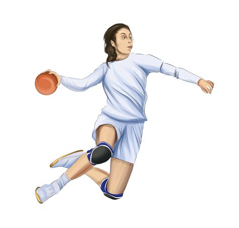 Girl handball player jumping with the ball, color drawing, realistic. Vector illustration of ...