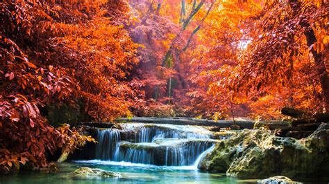 Landscape View Of Colorful Autumn Leafed Trees And Waterfall Between Rocks Pouring On River With ...