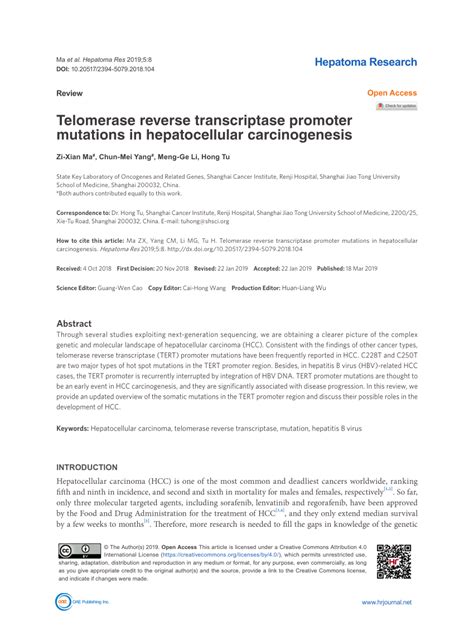 (PDF) Telomerase reverse transcriptase promoter mutations in hepatocellular carcinogenesis