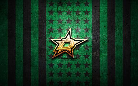 Dallas Stars flag, NHL, green black metal background, american hockey team, Dallas Stars logo ...