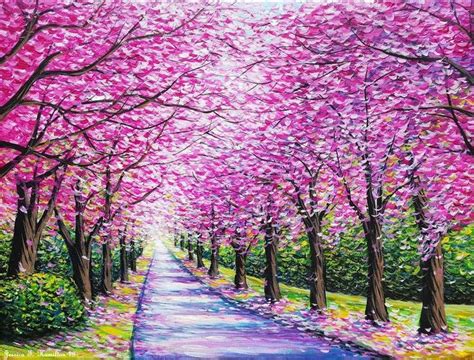 Cherry Blossom Painting On Black Canvas