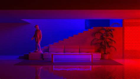 Red Blue Statue Eros Plants Bricks Couch Neon Neon Lights Interior Design 3D Graphics CGi ...