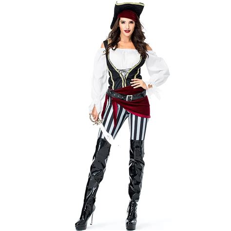 Stripe Extravagant Pirate Costume for Adult Halloween Carnival Pirates Fancy Cosplay Fantasia ...