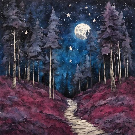 dark woodland path, ink blue starry night sky, pine tree forest, purple cranberry layered ...