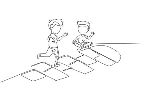 Single continuous line drawing two little boys playing hopscotch at ...