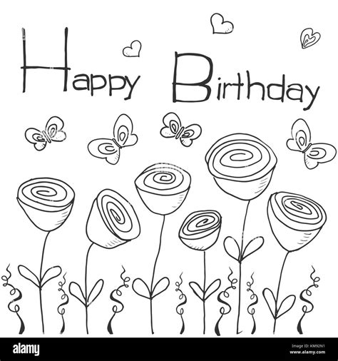 Hand drawn party background with flowers, butterflies and hearts, hand writen lettering text ...
