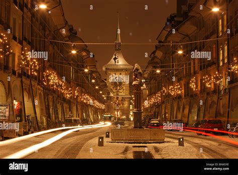 Switzerland Bern Old Town Zytgloggeturm winter at night Christmas ...