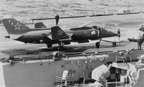 Right side view of a Soviet Yak-36 Forger aircraft on the deck of a ...