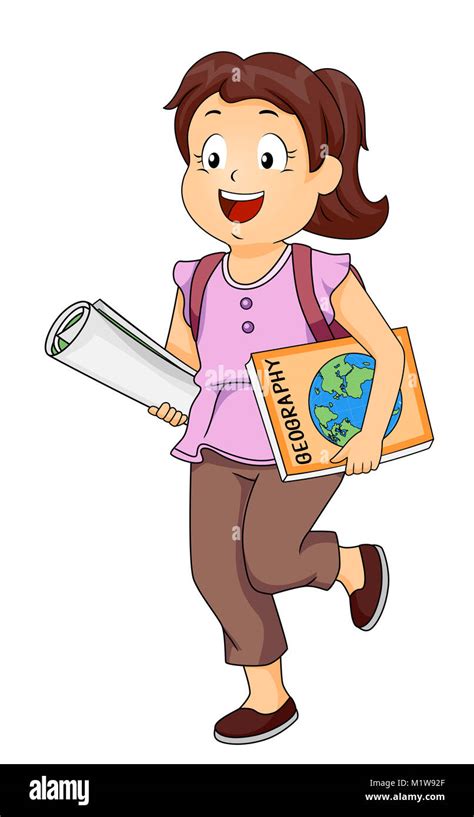 Illustration of a Kid Girl Student Holding a Geography Book and a Map Stock Photo - Alamy