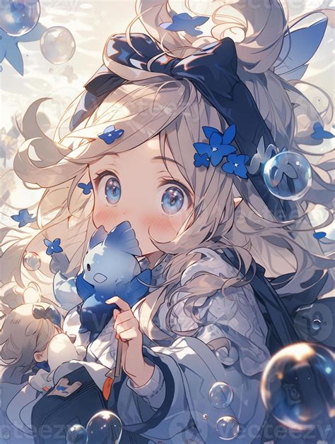 anime girl with blue eyes holding a blue bird in front of bubbles ...