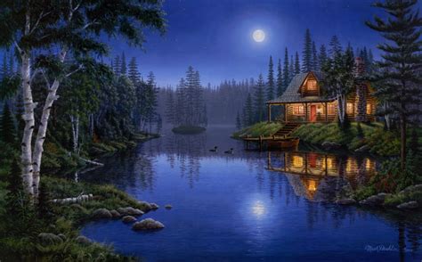 moon, night, house, light, ducks, Mark Daehlin, Moonlight Serenade ...