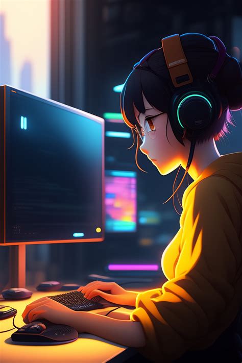 Lexica - Create a high resolution artwork of lofi ,Anime Girl is programming at a computer in a ...