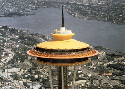 Aerial view of the Space Needle and surrounding area in Seattle in 1962. The Century 21 ...