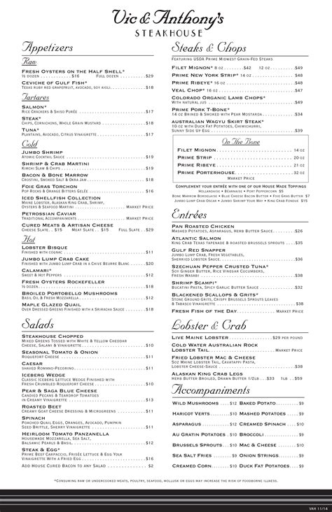 Vic & Anthony's Steakhouse Menu - Urbanspoon/Zomato