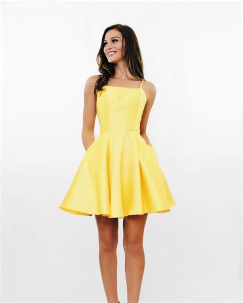 Yellow Spaghetti Strap Homecoming Dress,Simple Short Satin Homecoming ...