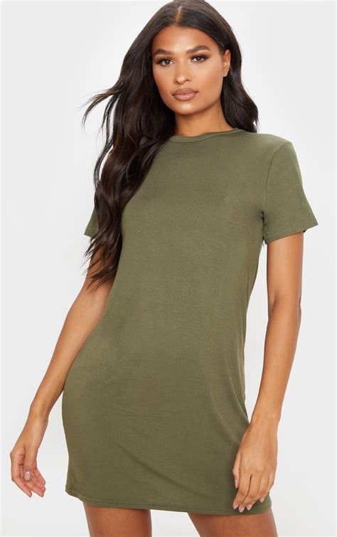 Khaki Basic Short Sleeve T Shirt Dress | PrettyLittleThing USA