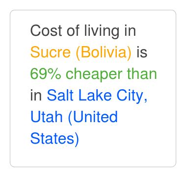 Sucre is 69% cheaper than Salt Lake City, Utah. Apr 2024 Cost of Living.