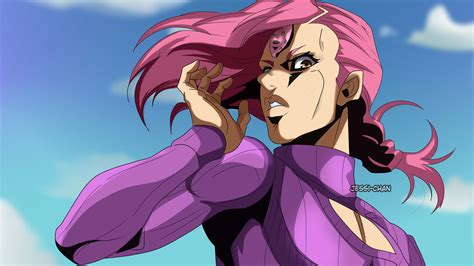 Jojo Vinegar Doppio With Purple Dress And Pink Hair With Background Of Blue Sky HD Anime ...