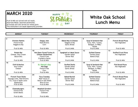 Lunch Menu – White Oak School