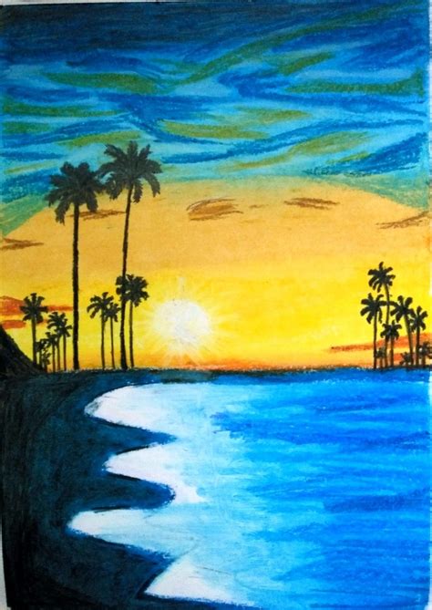 Sunset Beach Oil Pastel Drawing