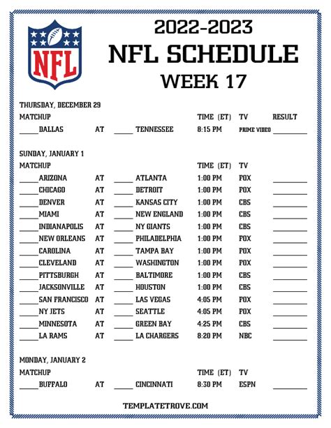 Printable 2022-2023 NFL Schedule Week 17