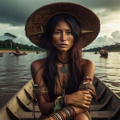 Premium AI Image | Native indigenous woman navigating the Amazon river ...