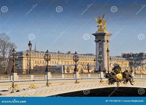 Pont Alexandre III Bridge Spanning the River Seine. Decorated with Ornate Art Nouveau Lamps and ...