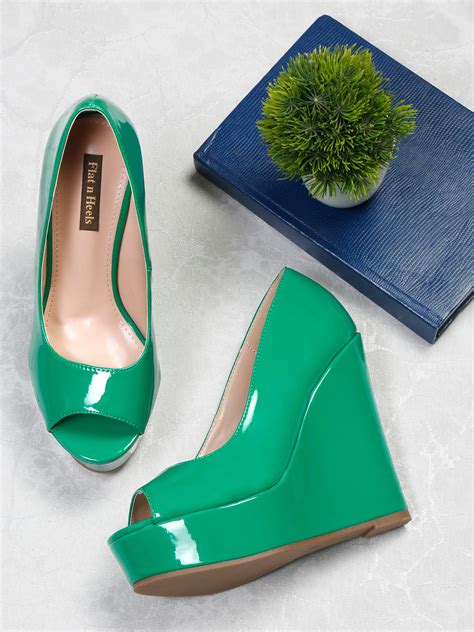 Stylish Emerald Green Peep-Toe Wedges Pumps – Flat N Heels