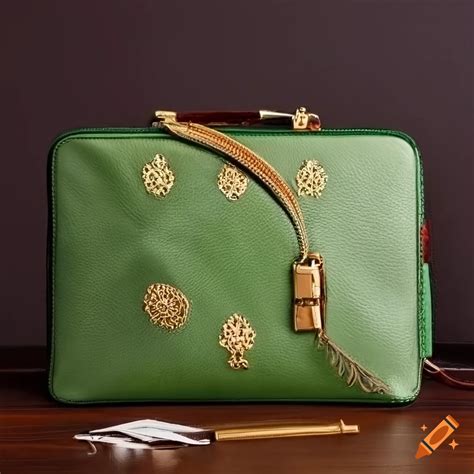Green cactus leather laptop sleeve with gold embroidery on Craiyon