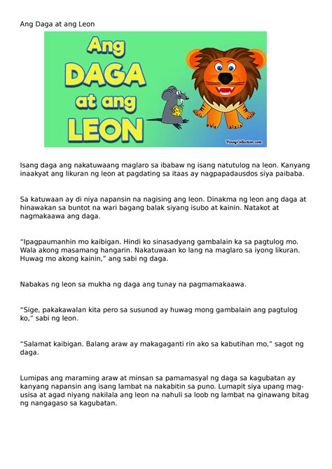 Ang Daga at ang Leon - Pabula - Ang Daga at ang Leon Isang daga ang nakatuwaang maglaro sa ...