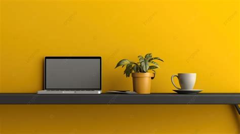 Realistic 3d Rendering Of A Yellow Wall With A Laptop Screen Coffee Cup And Plant On A Desk ...