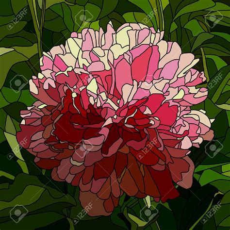Vector mosaic with large cells of peony with leaves on green. Stained Glass Paint, Stained Glass ...