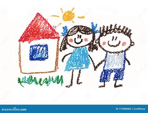 Happy Boy and Girl. Man and Woman. Kids Drawing Style Illustration. Crayon Art. House, Summer ...