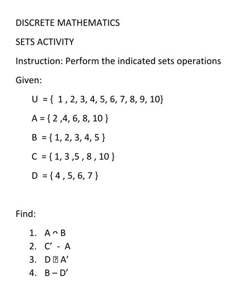 Solved DISCRETE MATHEMATICS SETS ACTIVITY Instruction: | Chegg.com