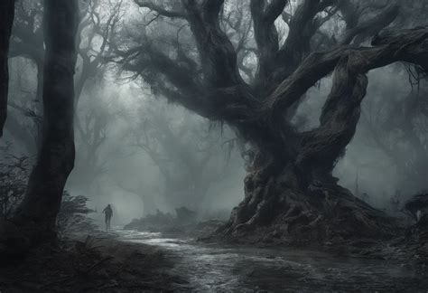 Melhor paisagem jangle, Gloomy forest at night with mists and dry trees, caveiras, sombras ...