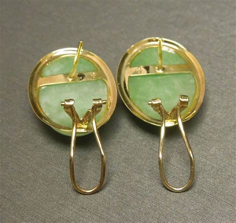 14K Gold Natural Celadon Jade Earrings w/ French Clip Backs C1980