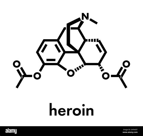 Heroin (diacetylmorphine, morphine diacetate, diamorphine) opioid drug molecule. Skeletal ...