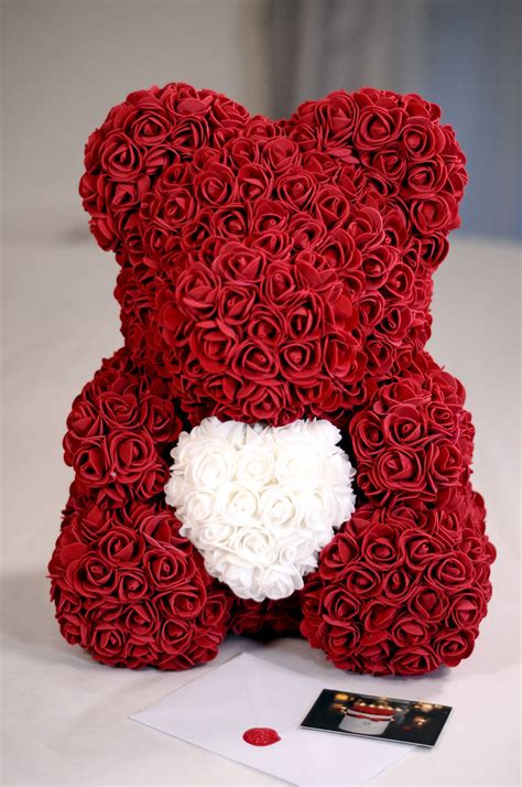 Rose Teddy bear with love heart in gift box for next day delivery UK – One Year Roses