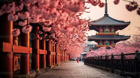 Photo of cherry blossoms and the Sensoji Temple in Asakusa, Tokyo, Japan, generated by AI ...