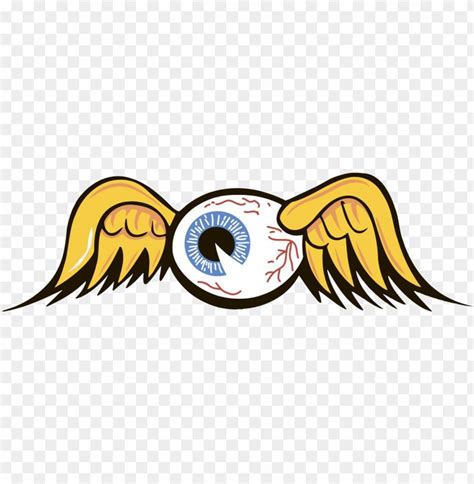 an eyeball with wings on it, and the word's logo is in yellow