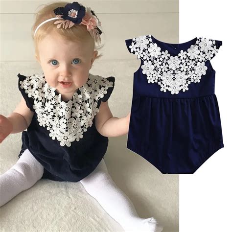 Fashion Baby Girls Clothing Newborn Infant Romper Lace Sleeveless Cotton Navy Baby Romper Cute ...