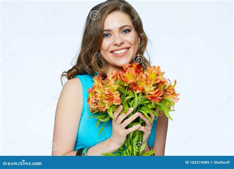 Smiling Woman with Flowers. Isolated Portrait of Happy Girl Stock Image ...